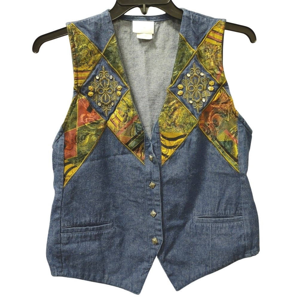 Vintage INFO USA Denim Vest Embellished Patchwork Western Festival Medium
